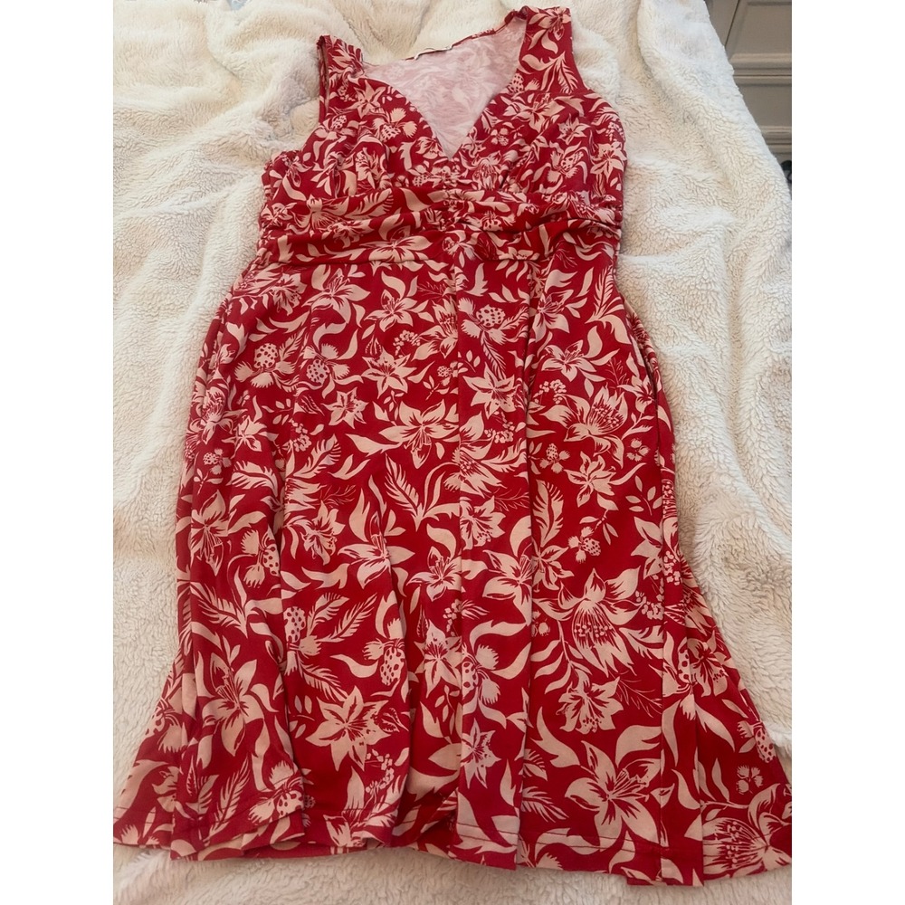 OURIN Womens Red Tropical Floral V-Neck Ruched Empire Waist A-Line Dress XL